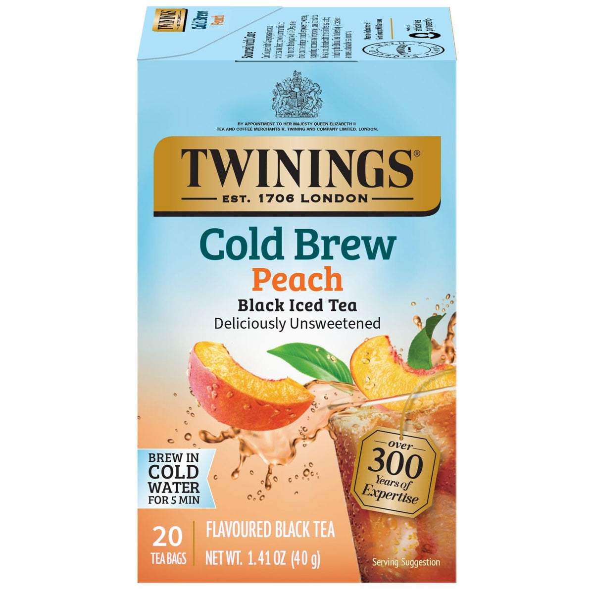 Twinings Peach Cold Brew tea bags closeup, showcasing peach flavor for a quick refreshing iced tea