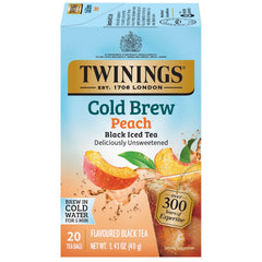 Twinings Peach Cold Brew tea bags closeup, showcasing peach flavor for a quick refreshing iced tea