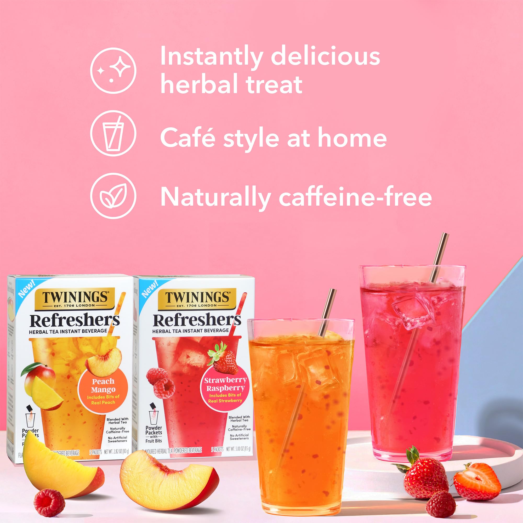 Twinings Peach Mango Refreshers logo and notes on responsible sourcing and community impact.