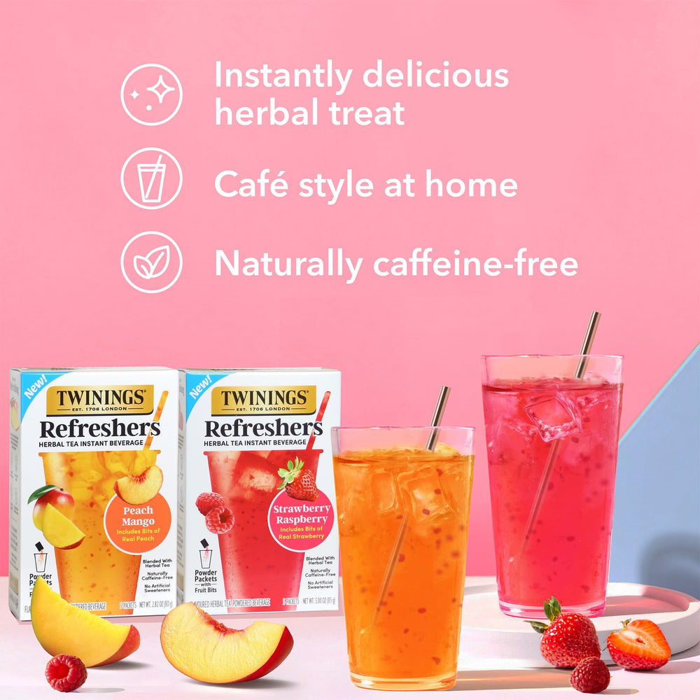 Twinings Peach Mango Refreshers logo and notes on responsible sourcing and community impact.