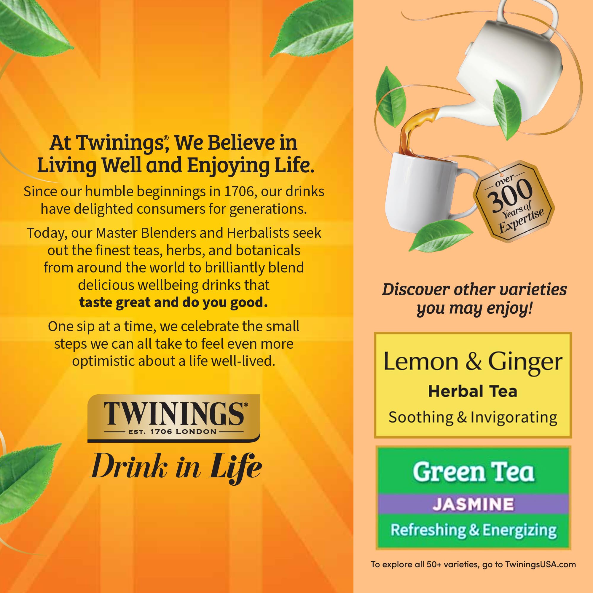Twinings Peach & Orange box front—distinctive packaging signaling a fruity, caffeine-free blend.