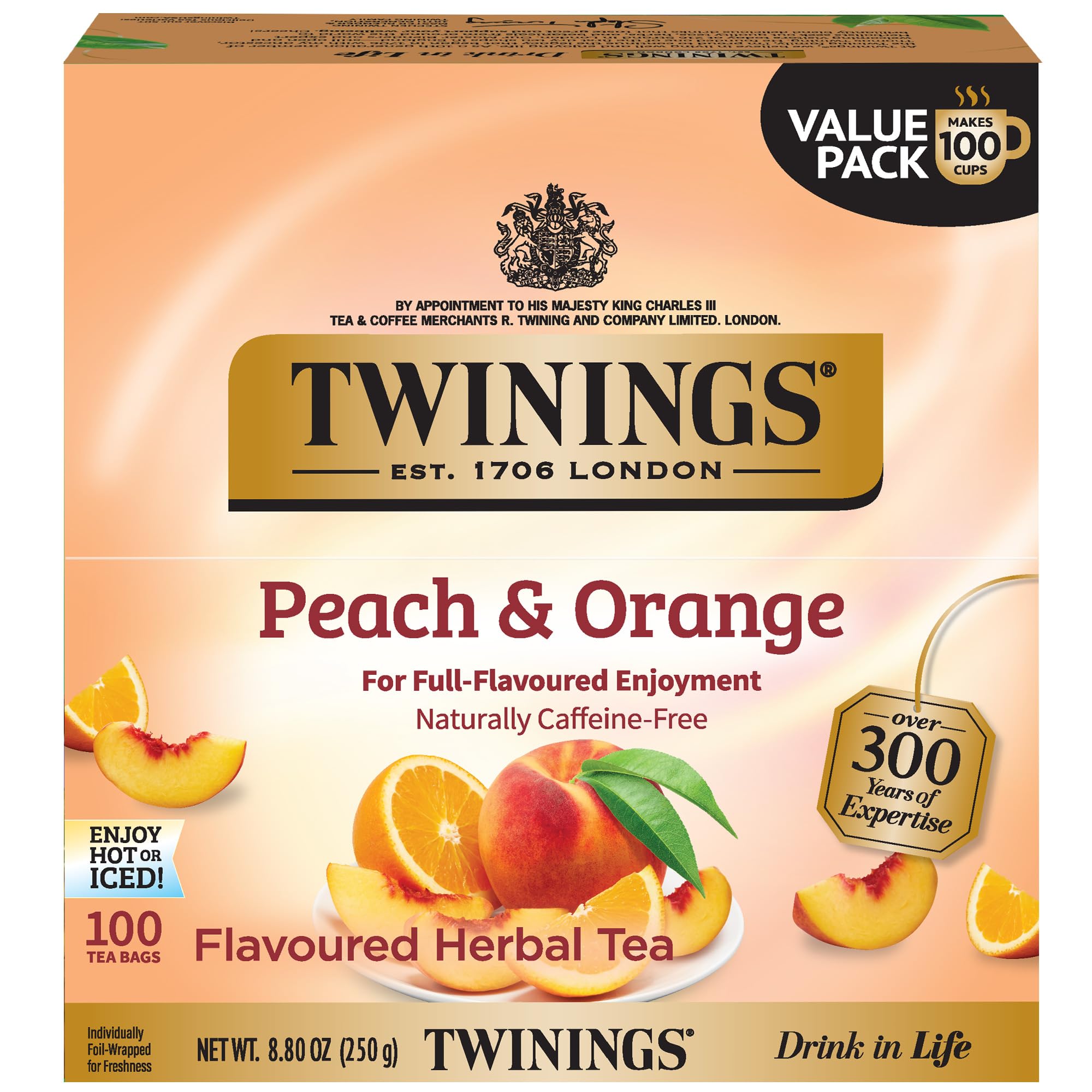 Twinings Peach & Orange Herbal Tea bags pack—naturally caffeine-free and convenient for on-the-go flavor.