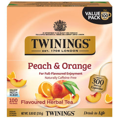 Twinings Peach & Orange Herbal Tea bags pack—naturally caffeine-free and convenient for on-the-go flavor.