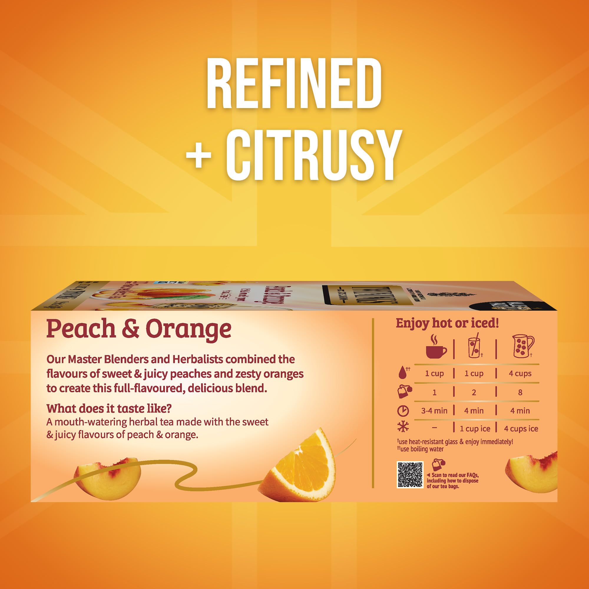 Twinings peach-orange tea bags close-up—individually sealed for lasting freshness and easy travel.
