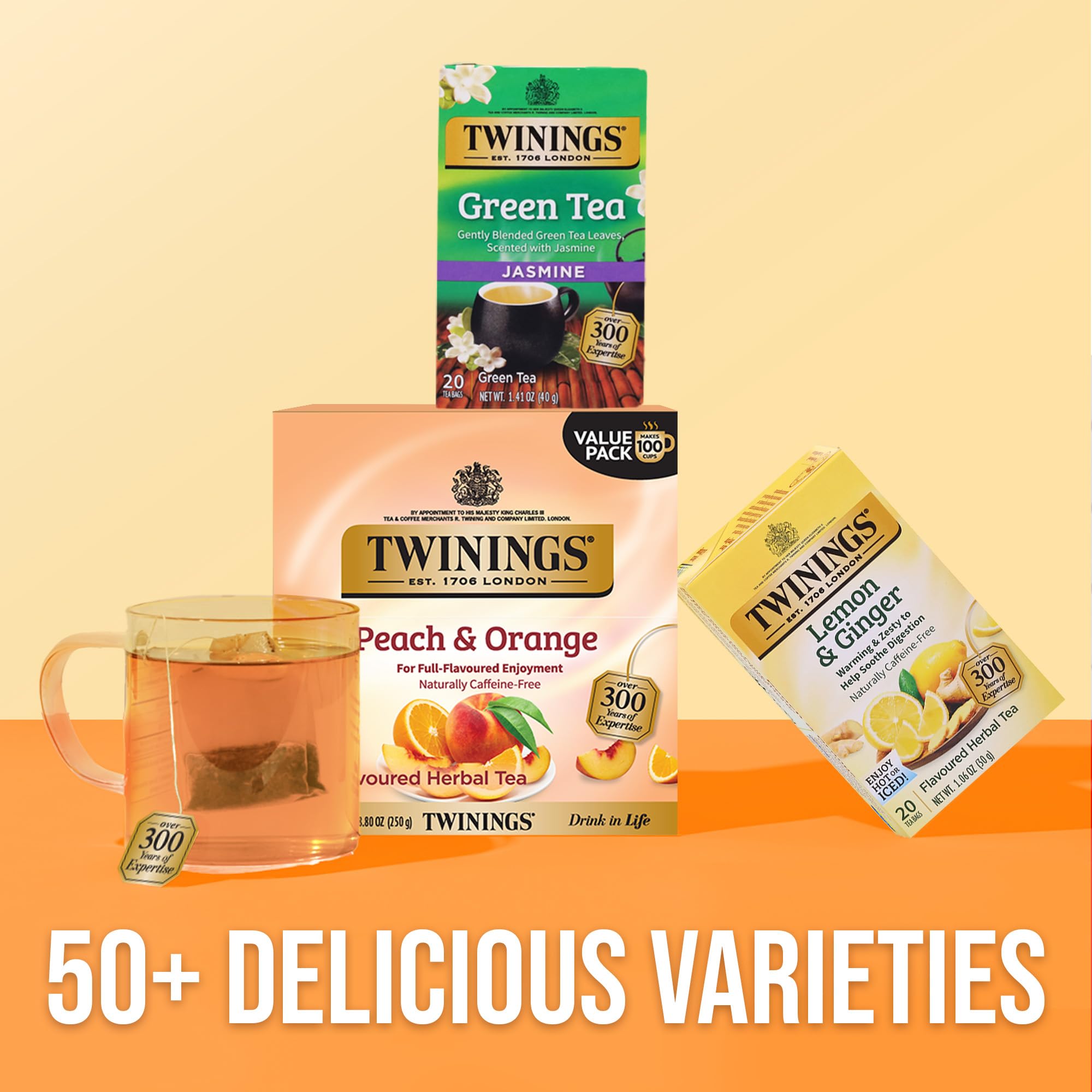 Twinings peach-orange tea iced glass—refreshing beverage option for sunny days.