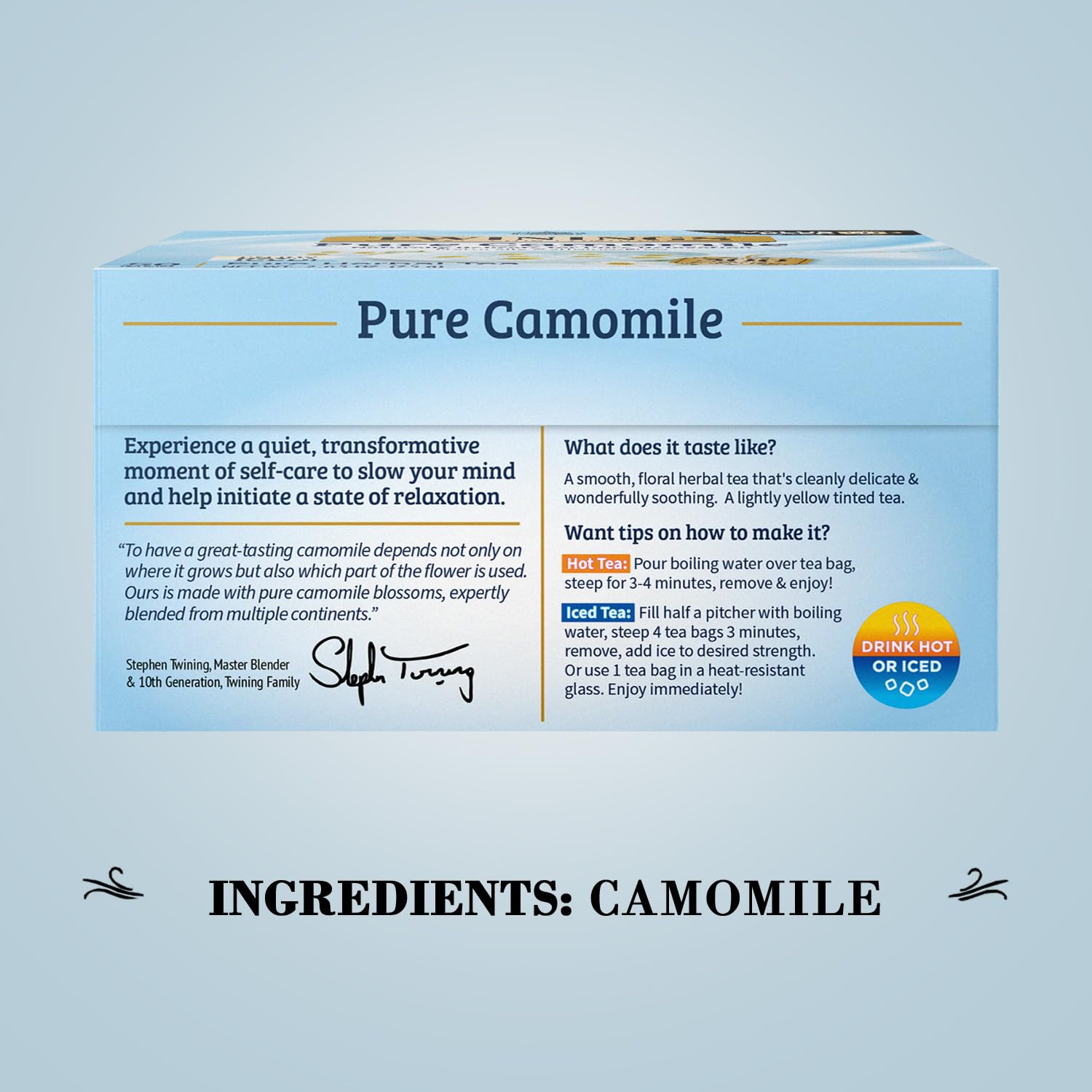 Twinings Pure Camomile chamomile flowers close-up, emphasizing natural ingredients.