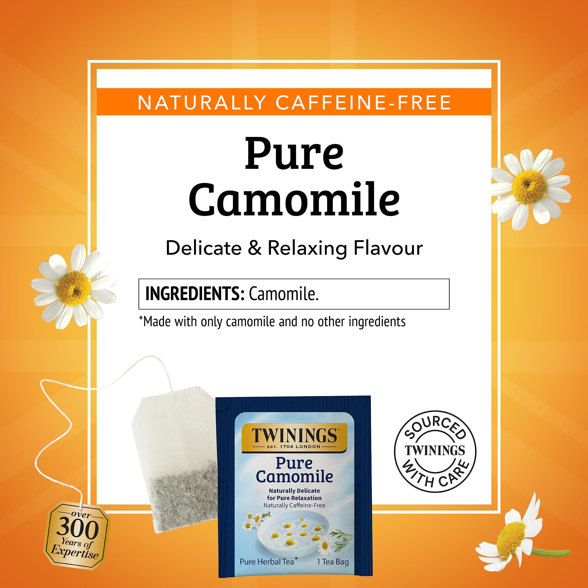 Twinings camomile tea bag tag close-up, showcasing individual freshness and aroma.