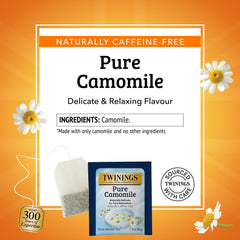 Twinings camomile tea bag tag close-up, showcasing individual freshness and aroma.