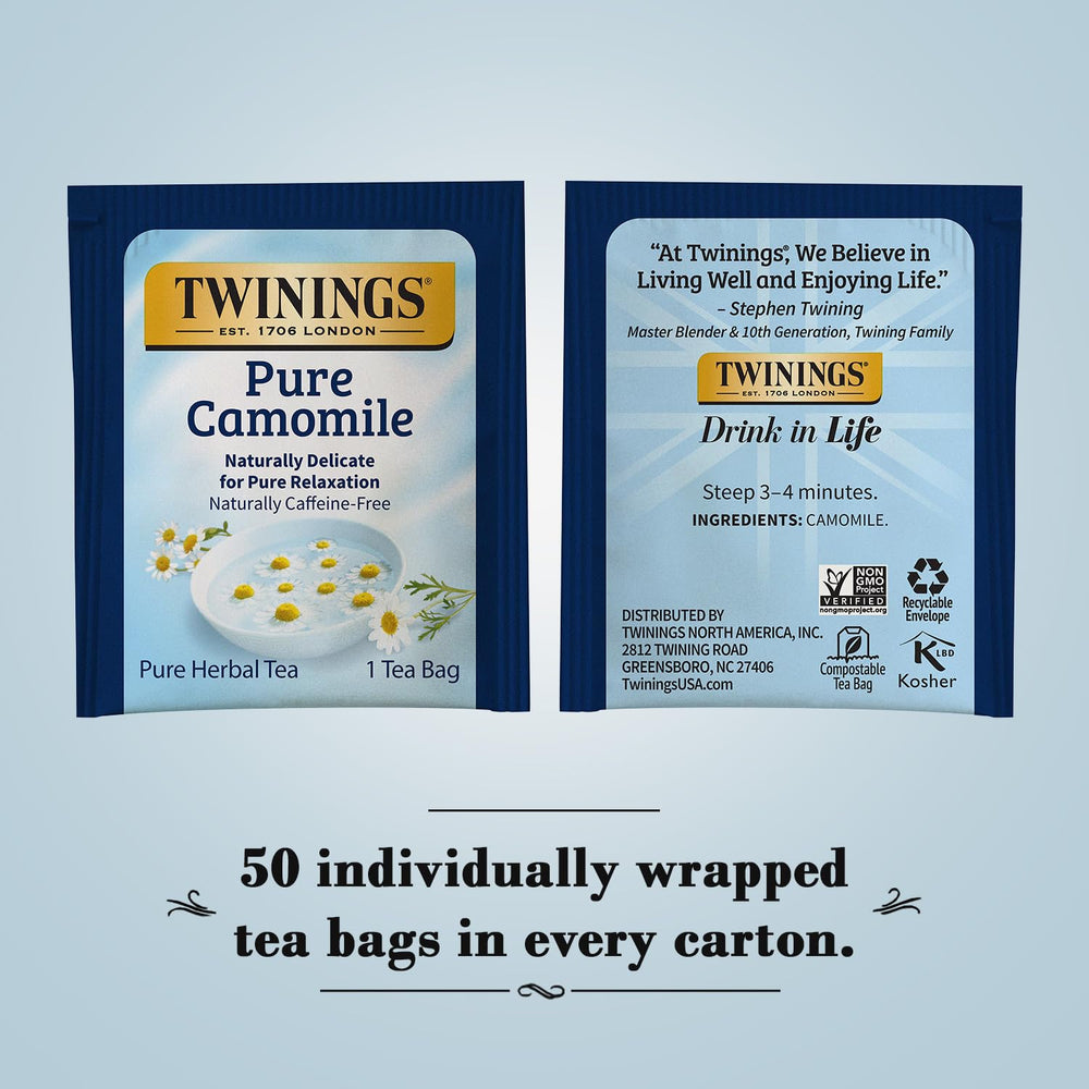 Twinings Pure Camomile tea bag steeping in hot water for a calm moment.