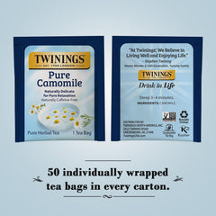 Twinings Pure Camomile tea bag steeping in hot water for a calm moment.