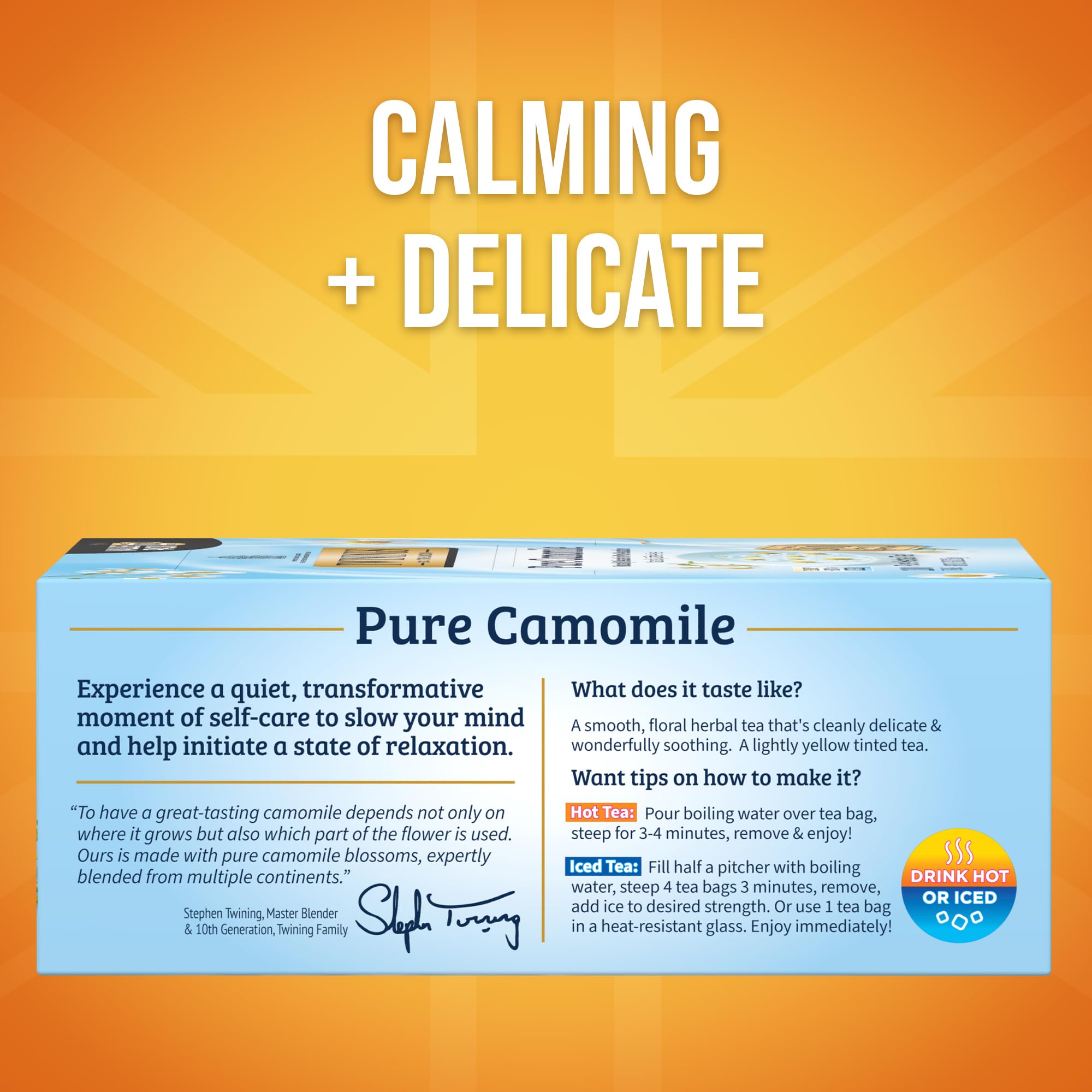 Twinings Pure Camomile tea bags inside box, ready for a comforting cup.