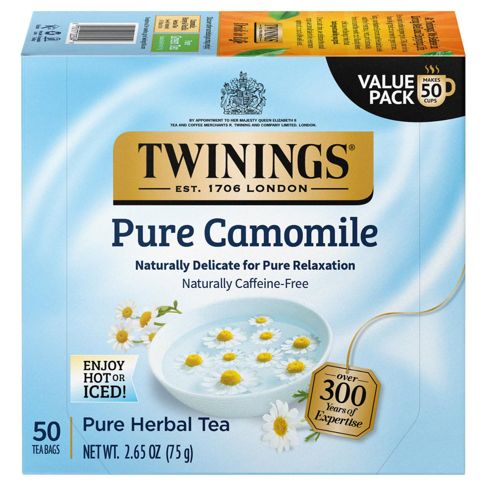 Twinings Pure Camomile tea bags packaging, highlighting quality and brand trust.