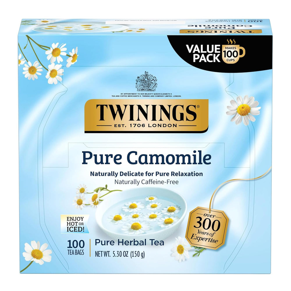 Twinings Pure Camomile Tea box front showing 100 sachets for relaxing evenings.