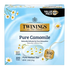 Twinings Pure Camomile Tea box front showing 100 sachets for relaxing evenings.