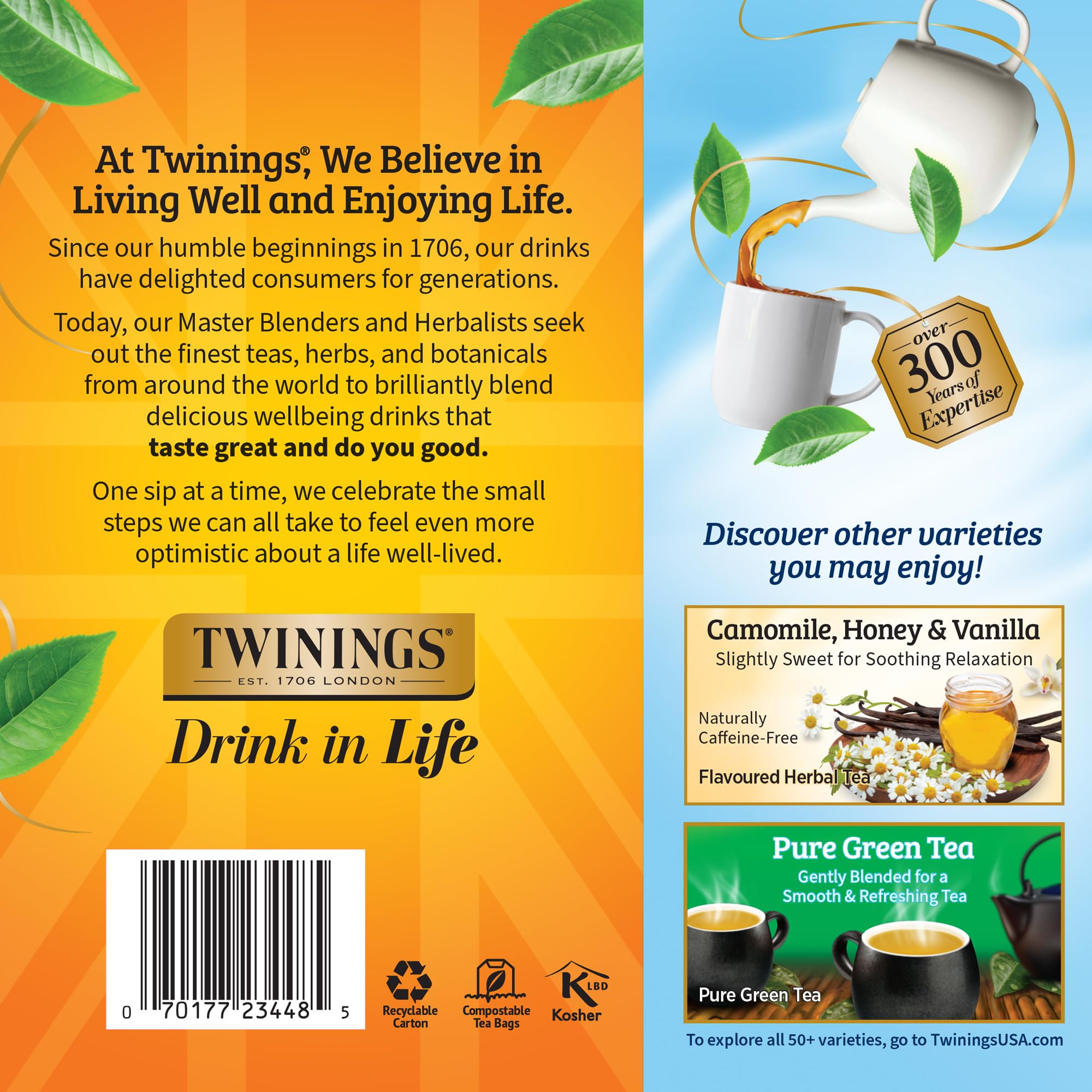 Twinings Pure Camomile packaging emphasizing sustainable sourcing and quality.