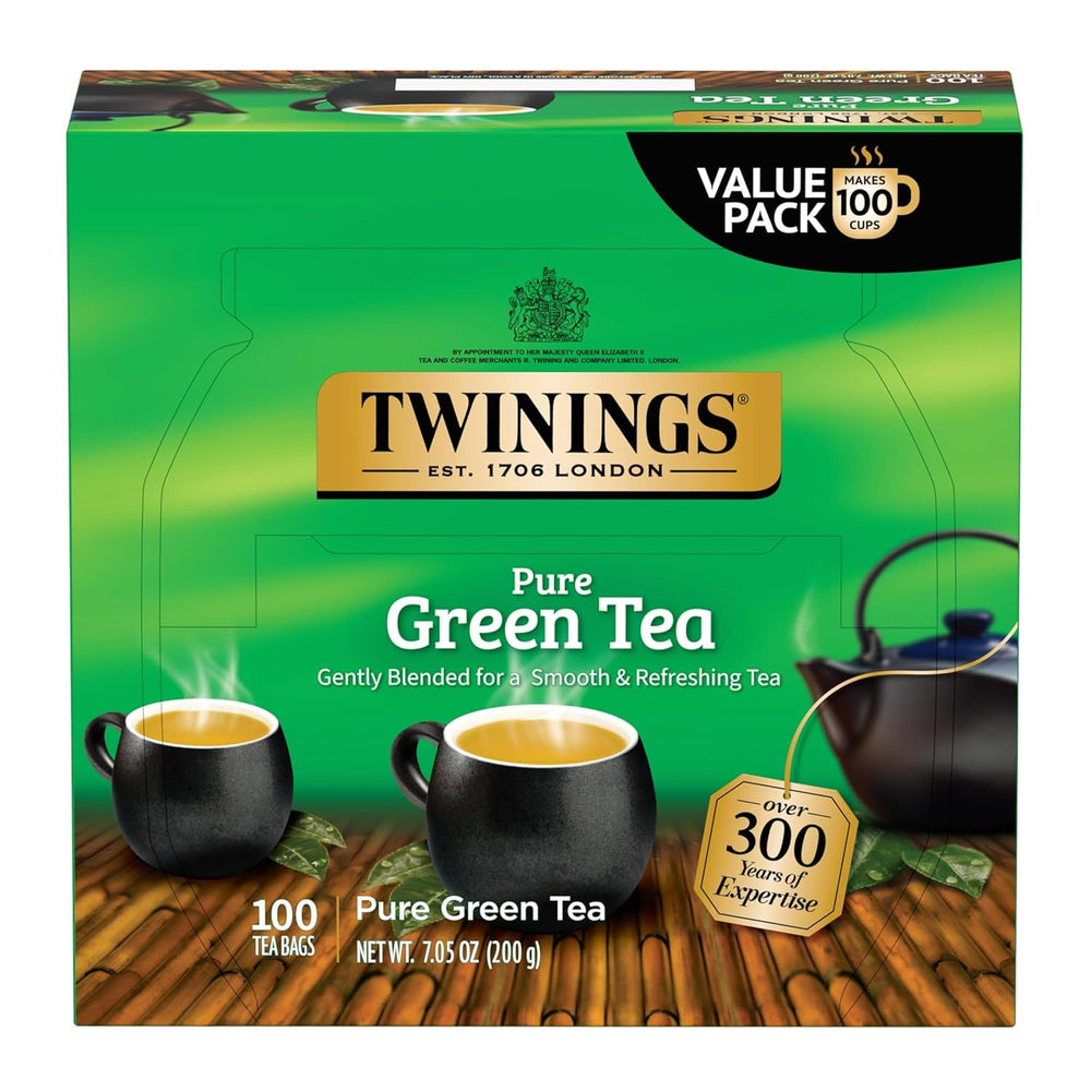 Twinings Pure Green Tea box close-up showing fresh packaging for ready-to-brew moments.