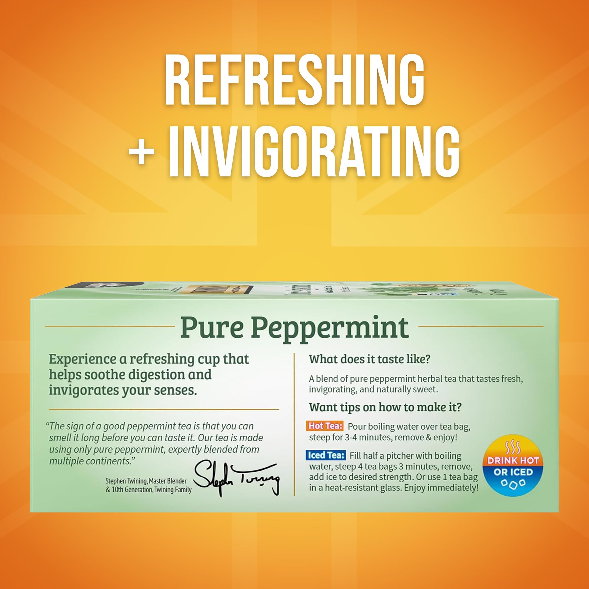 Twinings Pure Peppermint tea cup with steam revealing mint aroma