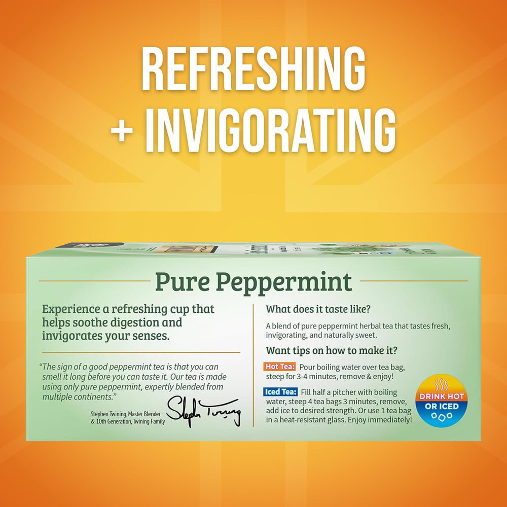 Twinings Pure Peppermint tea cup with steam revealing mint aroma