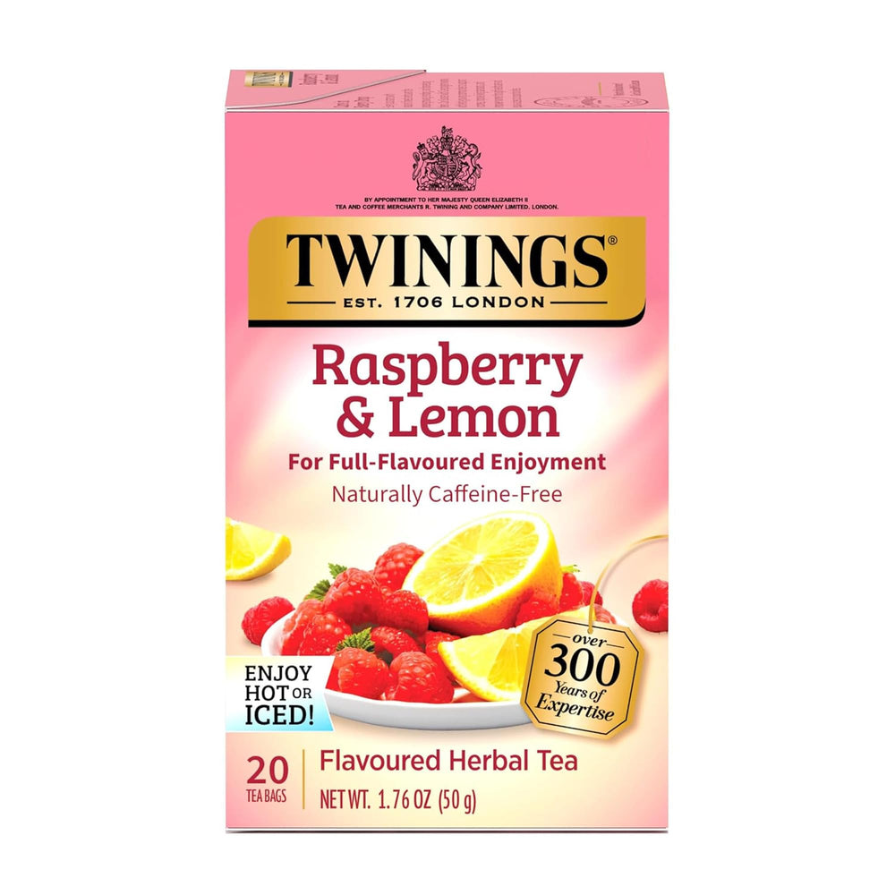 Twinings Raspberry and Lemon Herbal Tea bags with fresh aroma and fruity flavor.