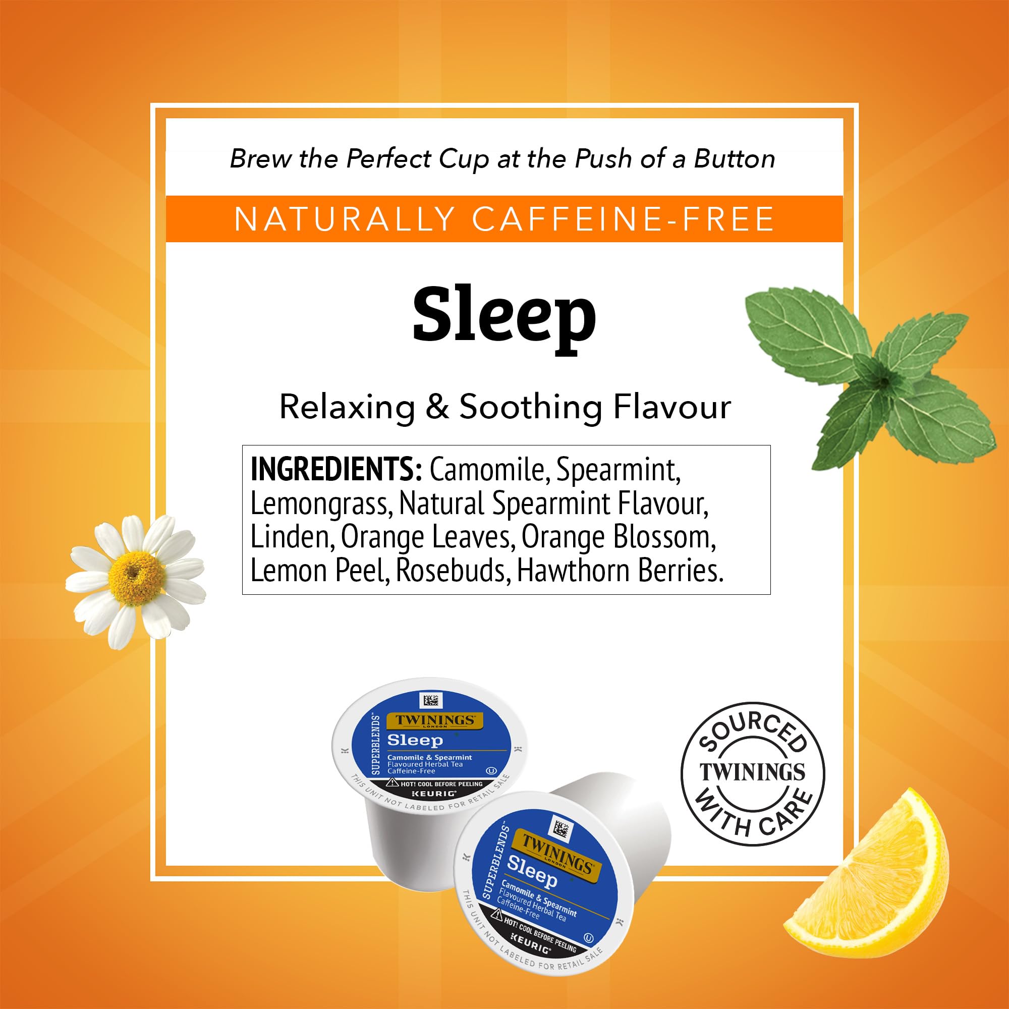 Twinings Sleep Tea K-Cups packaging closeup highlighting blend and caffeine-free profile.