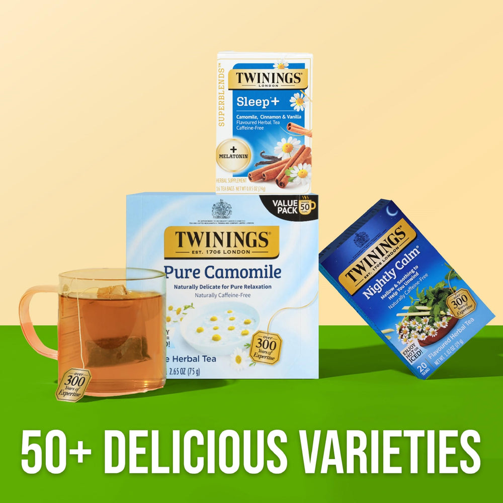 Twinings SleepPlus Superblends six-pack on the kitchen shelf