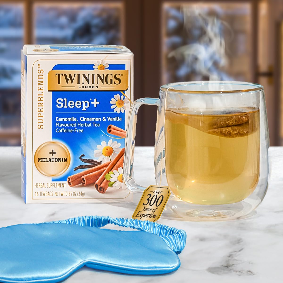 Twinings SleepPlus tea bags on a tidy countertop ready to brew