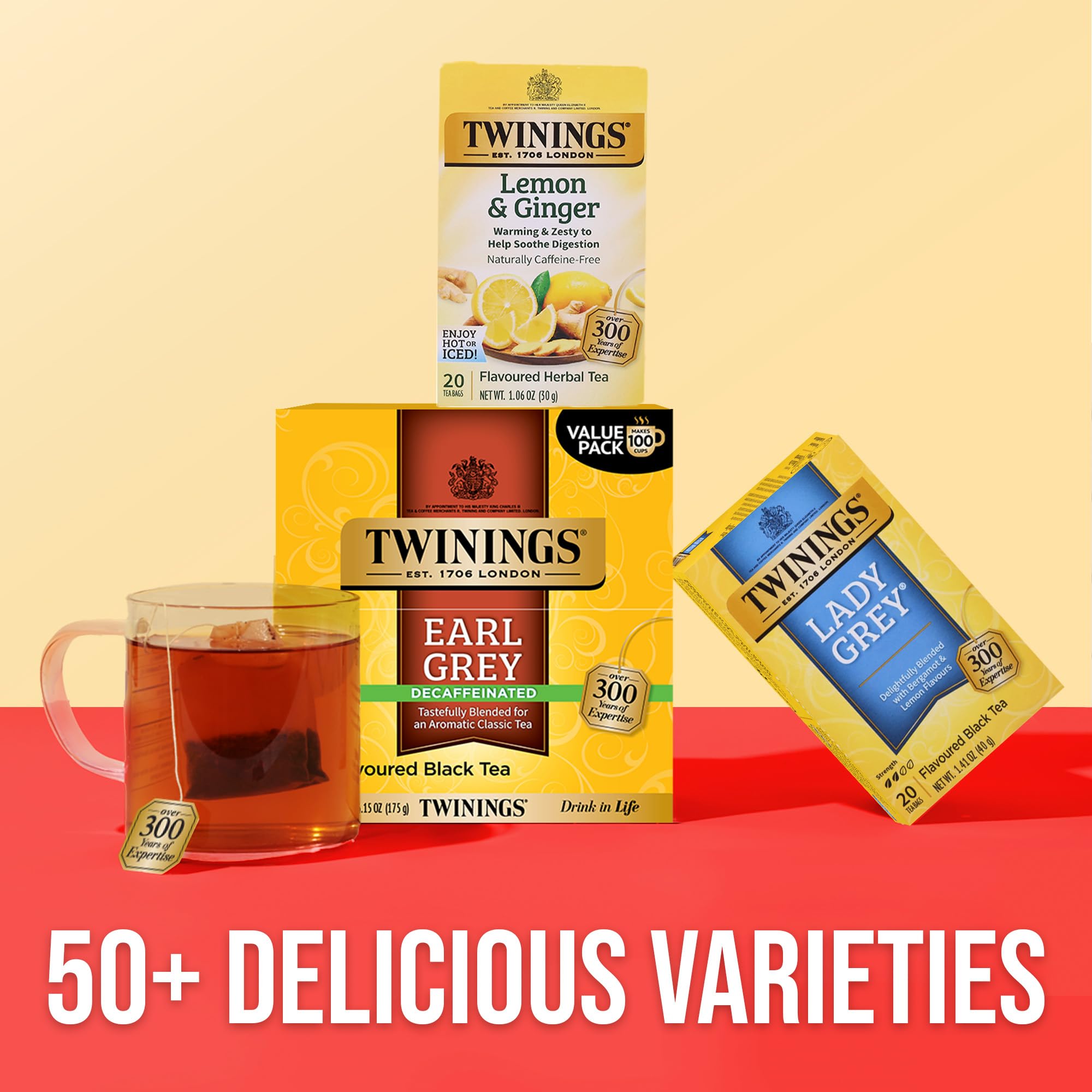 Twinings sourcing care badge signals sustainable sourcing supporting communities.