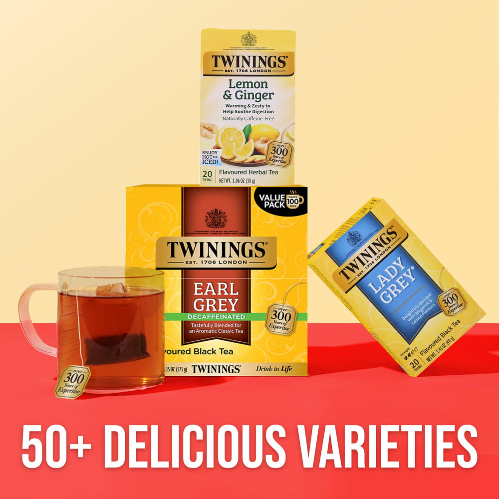 Twinings sourcing care badge signals sustainable sourcing supporting communities.