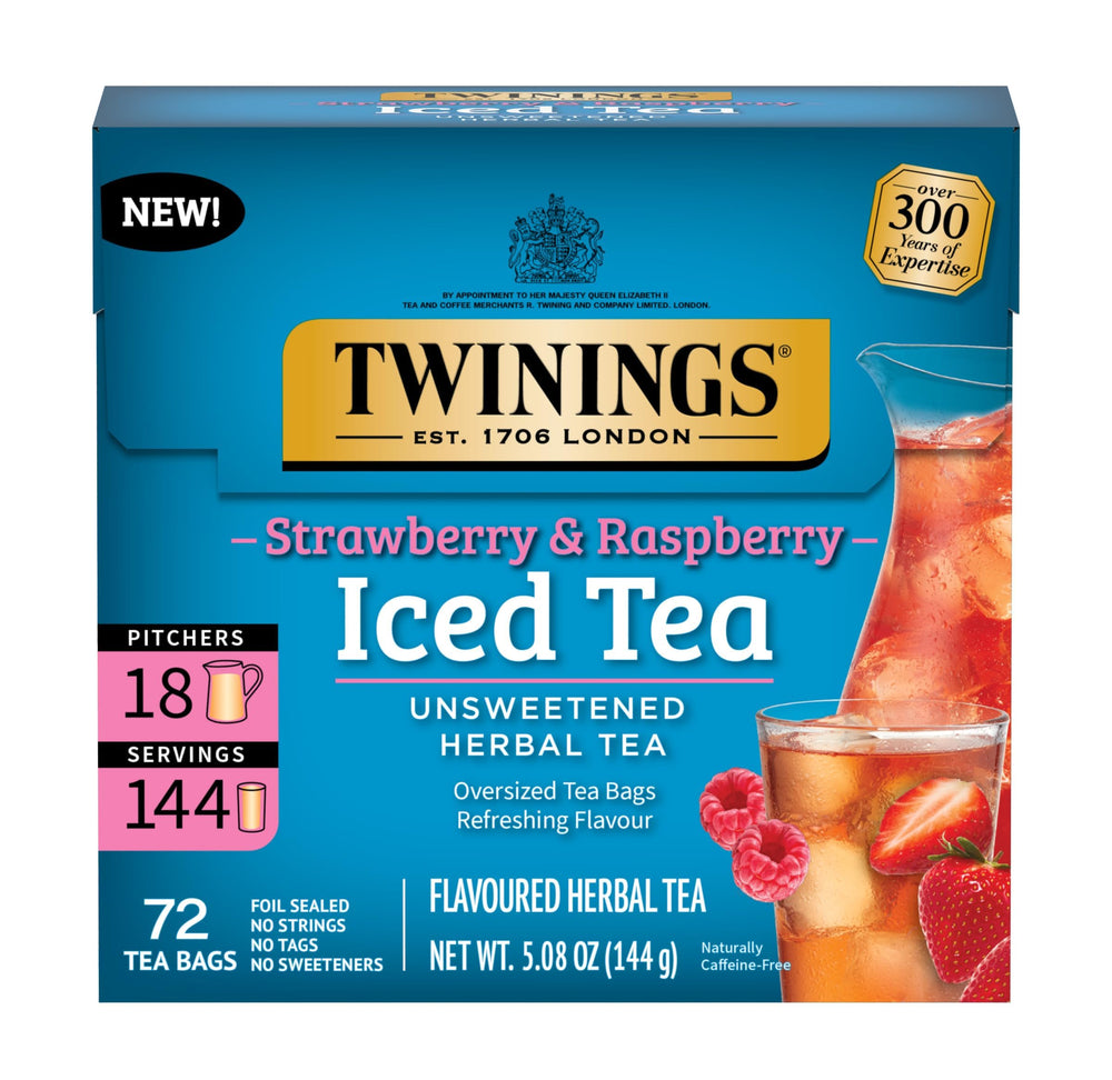 Twinings Strawberry & Raspberry Iced Tea box showcases unsweetened flavor for refreshing pitchers.