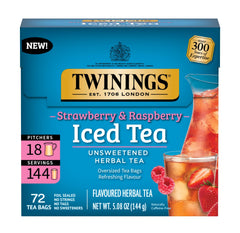 Twinings Strawberry & Raspberry Iced Tea box showcases unsweetened flavor for refreshing pitchers.