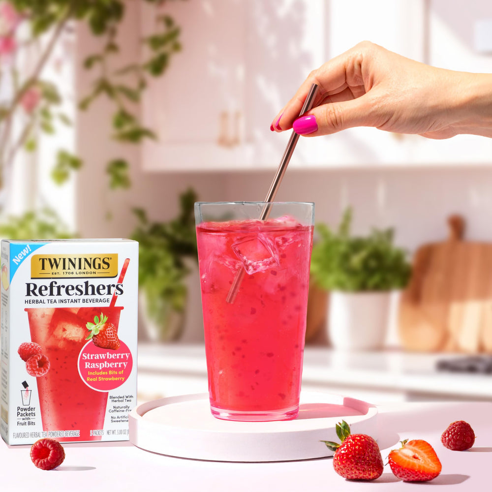 Twinings Refreshers in a glass suggest a cafe-style cold beverage