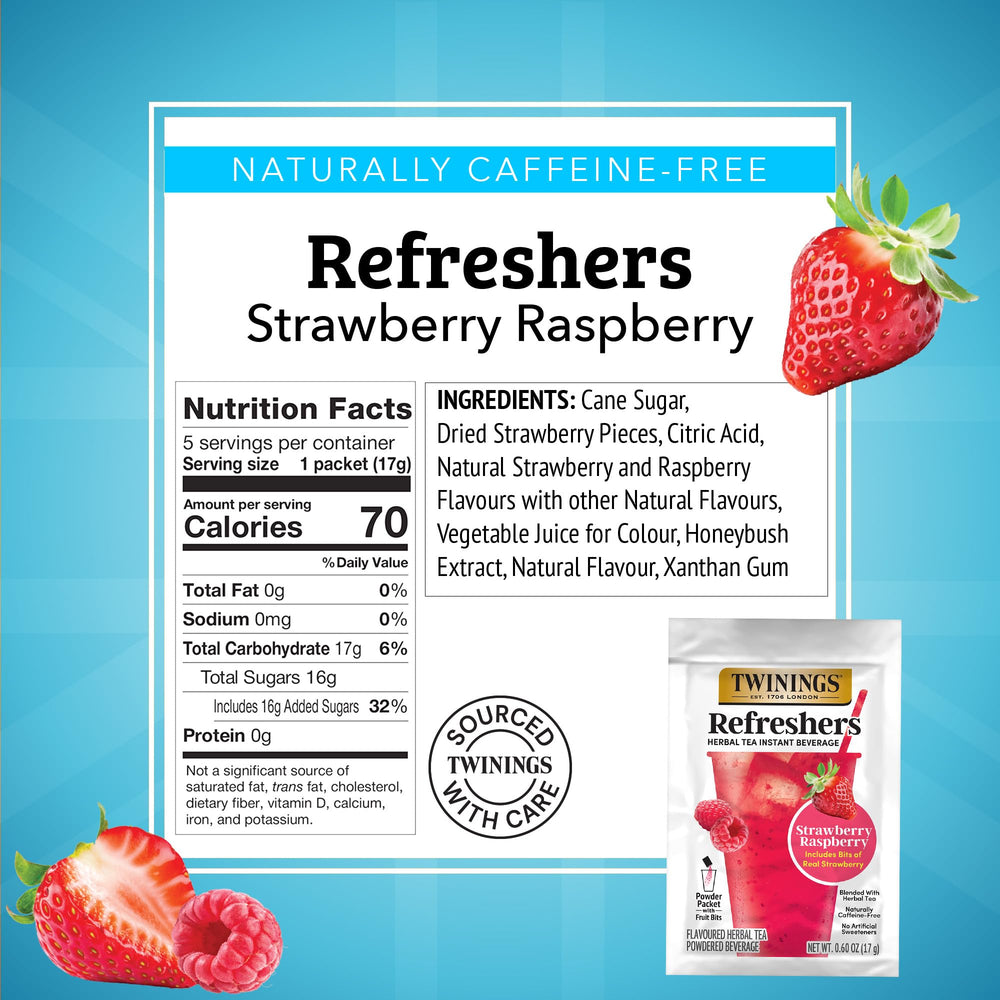 Twinings Strawberry Raspberry Refreshers packets ready for caffeine-free refreshment