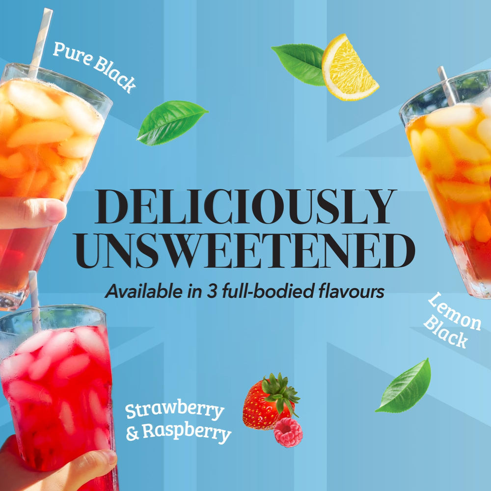 Glass of chilled Twinings iced tea showcasing strawberry-raspberry flavor, refreshing and caffeine-free.