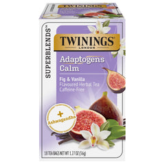 Twinings Superblends Calm tea bags with ashwagandha, fig and vanilla for a relaxing moment.