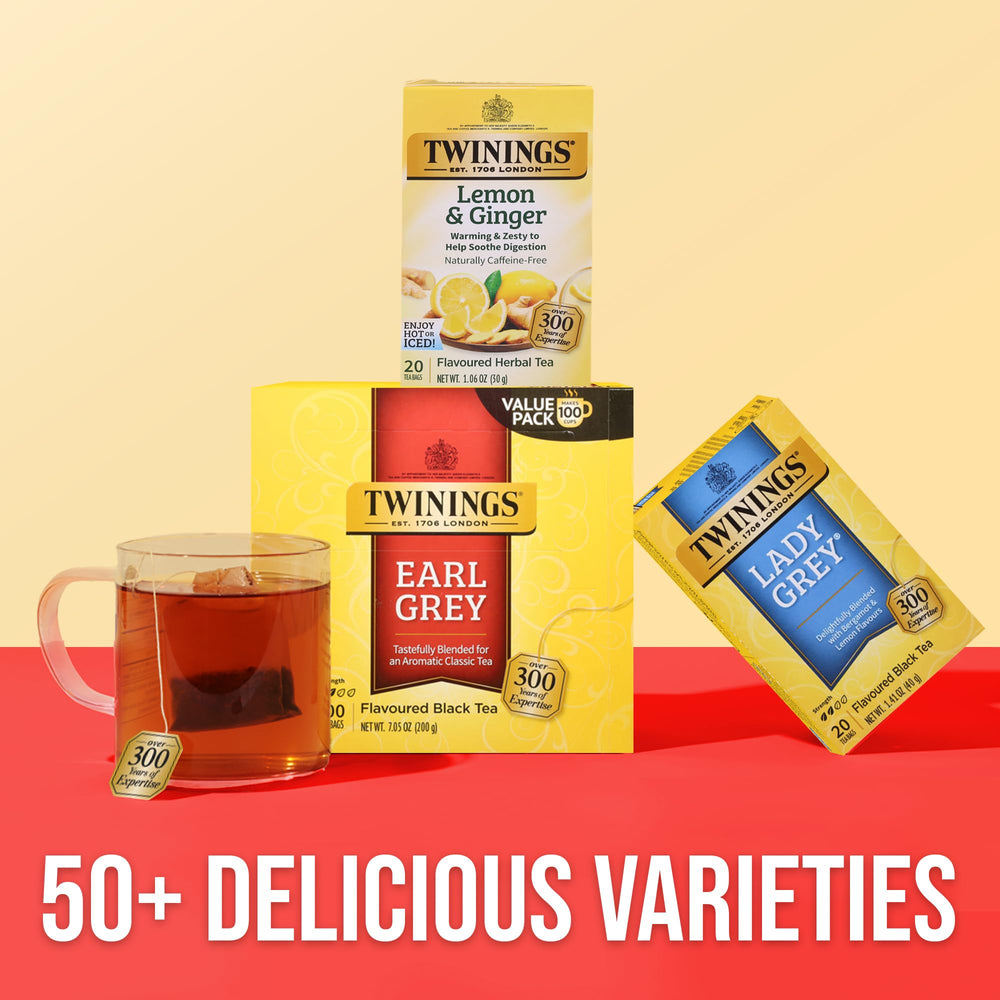 Twinings 100-count packaging keeps your tea supply ready for days.