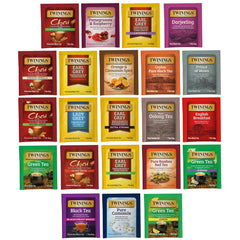 Twinings tea bag sampler box with 22 flavours for gifting and variety.