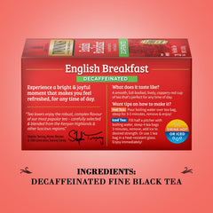 Twinings tea box packaging highlighting English Breakfast blend and decaf option.