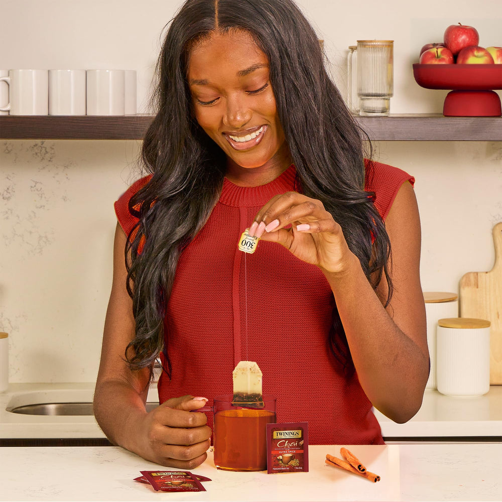Twinings Ultra Spice Chai spiced-black-tea-brew evokes bold aroma and warmth.