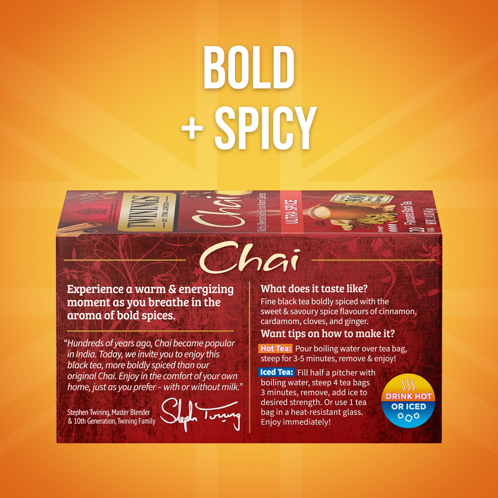 Twinings Ultra Spice Chai tea bags closeup highlighting rich spices for cozy mornings.
