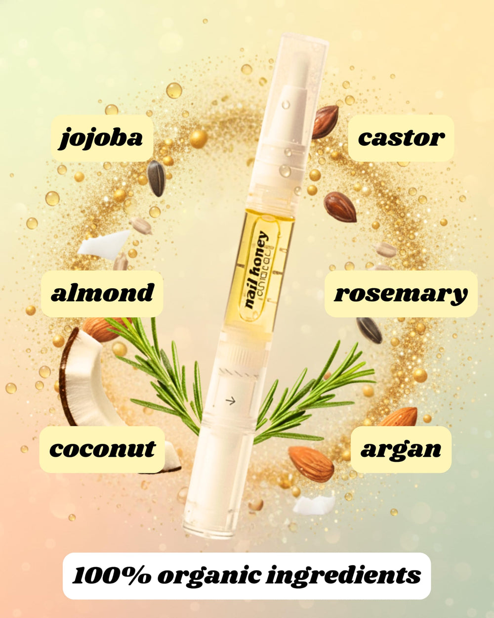 Twinkled T Nail Honey pen bottle showing quick absorption oils