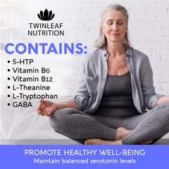 Twinleaf serotonin bottle label emphasizes USA-made quality and premium ingredients