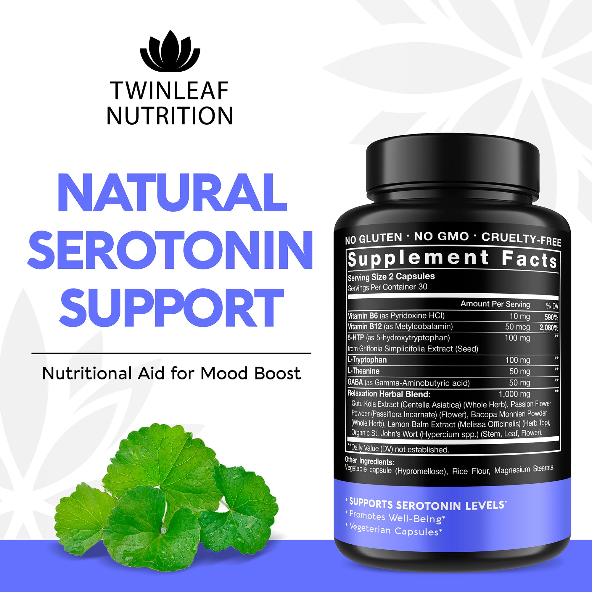 Twinleaf serotonin capsules close-up highlights 5-HTP and L-tryptophan for daily balance