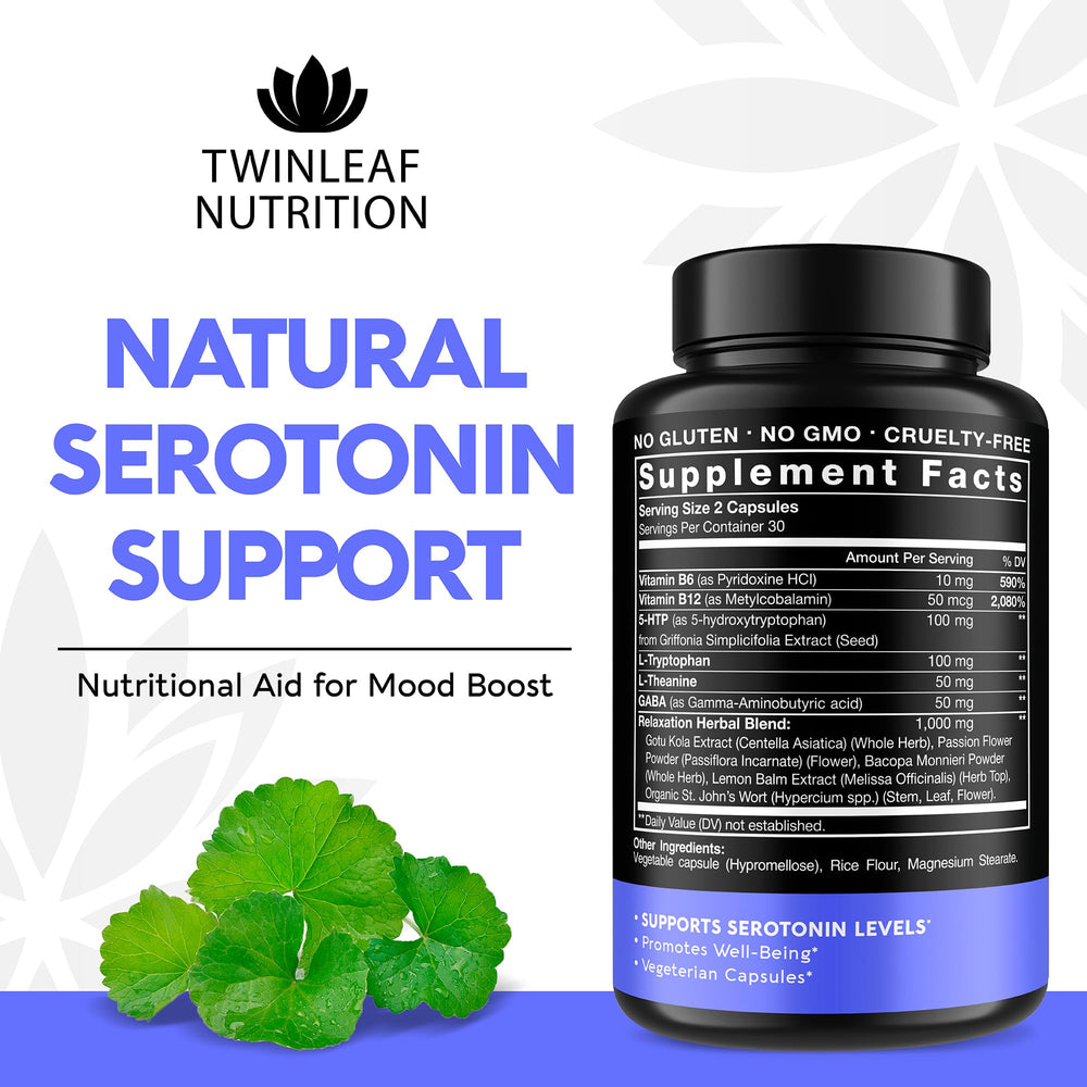 Twinleaf serotonin capsules close-up highlights 5-HTP and L-tryptophan for daily balance