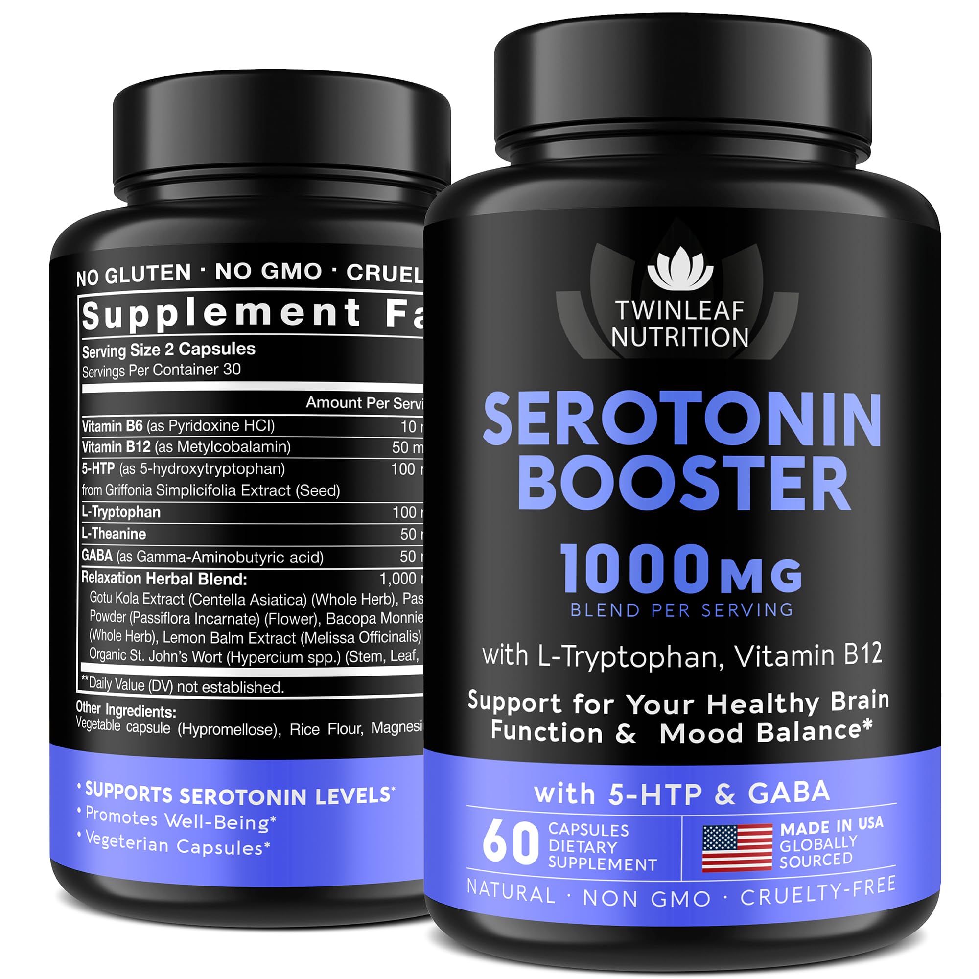 Twinleaf Nutrition serotonin supplement bottle shows natural ingredients for mood support