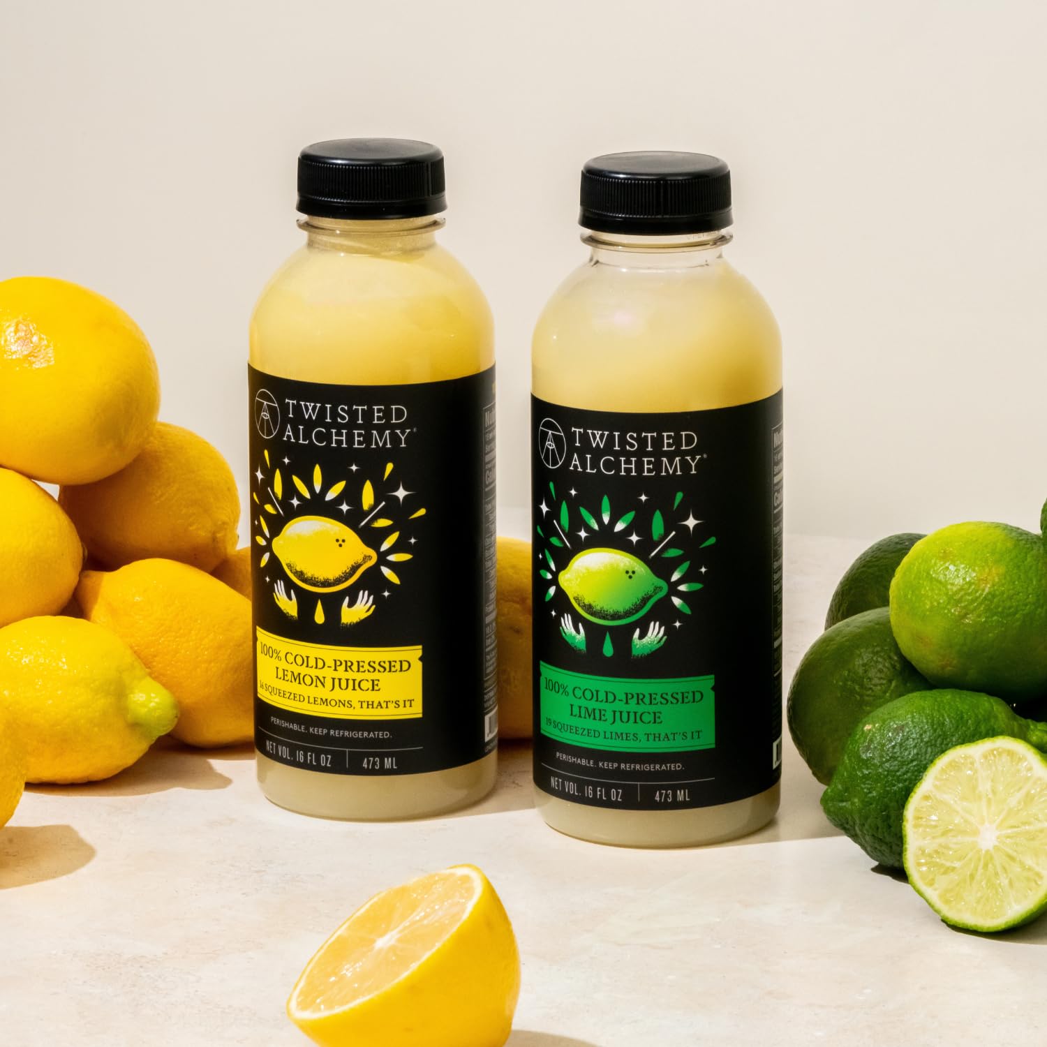 Twisted Alchemy lemon juice label closeup emphasizes natural, preservative-free content.