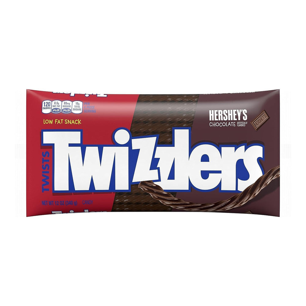 Twizzlers chocolate flavored twists close-up showing chewy bite and glossy coating
