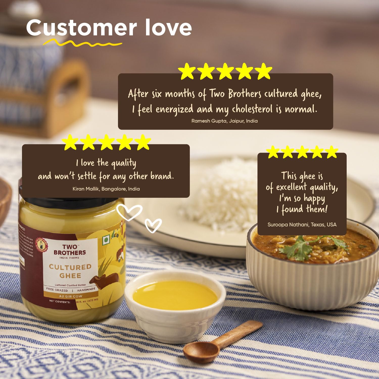 Two Brothers India Farms Unsalted ghee packaging emphasizes natural ingredients