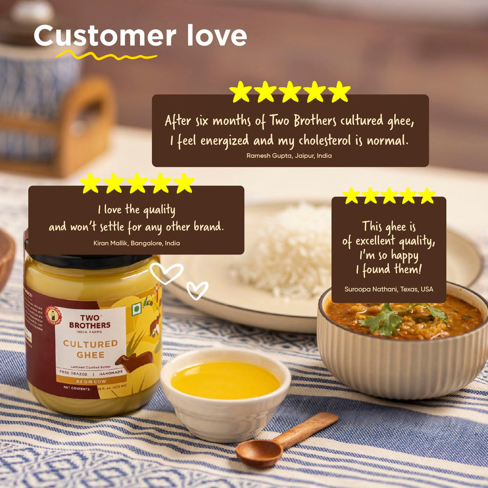 Two Brothers India Farms Unsalted ghee packaging emphasizes natural ingredients