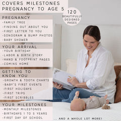 Two Little Dinos memory book pages feature elegant milestones and notes sections.