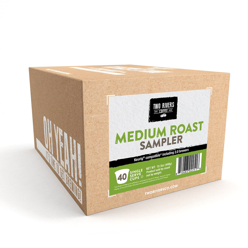 Two Rivers Coffee medium roast pods ready for K-Cup brewers, including 2.0 compatibility.